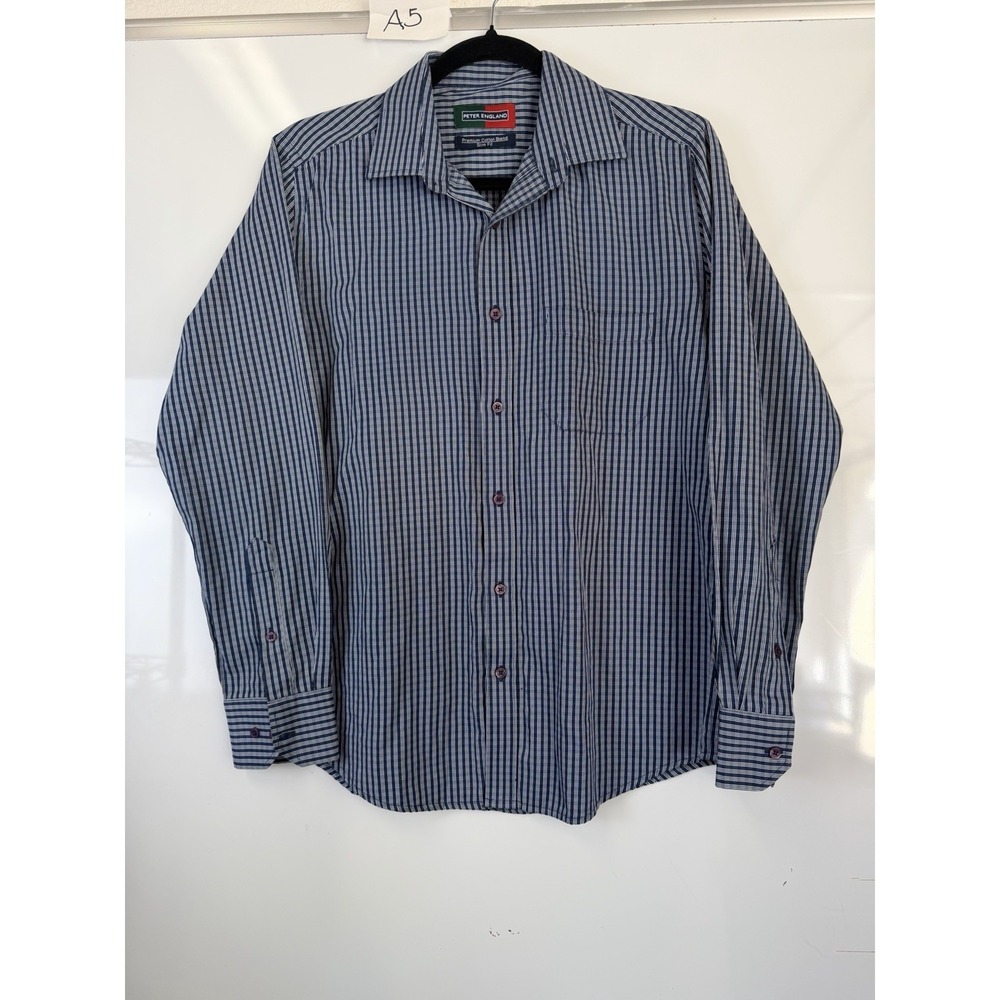 Peter England Premium Cotton Blend Shirt Men Medium Blue Plaid Long Sleeve